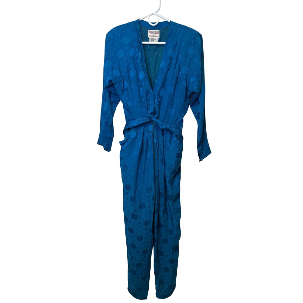 Maggy London by Jeannene‎ Booher 100% Silk 80's Jumpsuit Blue Polka Dot Size 6